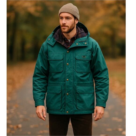 Eddie Bauer XL Mountain Parka Plaid Wool Lined Hood Chore Jacket Barn Coat Green - Picture 1 of 10